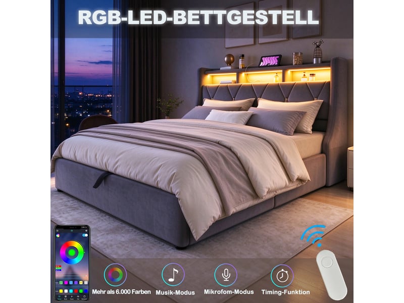 Lit coffre hydraulique 160x200 cm en velours, tête de lit rabattable avec rangement, LED, prise USB et Type-C, pieds élargis - Gris - Conforama E