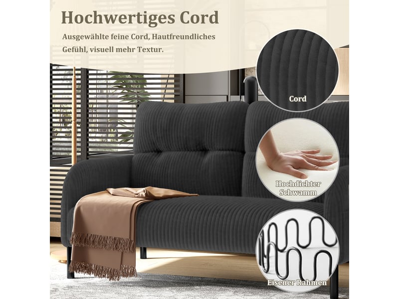  Canapé 2 places en velours côtelé gris avec dossier haut, accoudoirs ergonomiques et poches latérales  - Conforama D