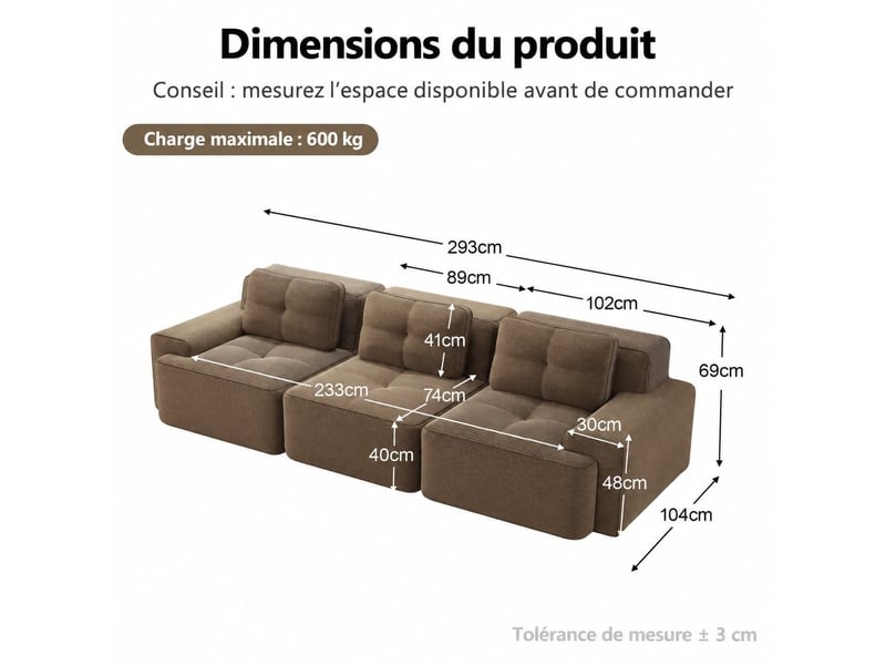  Canapé modulable 3 places effet nuage, assise profonde en velours côtelé, 69 × 293 × 104 cm, marron  - Conforama C