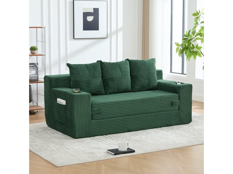 Canapé modulable 2 places velours côtelé vert émeraude design contemporain avec rangement latéral et porte-gobelets intégrés - Conforama B