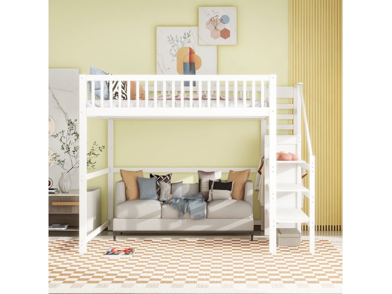  Lit mezzanine enfant 140x200 cm avec rangements, coloris blanc  - Conforama D