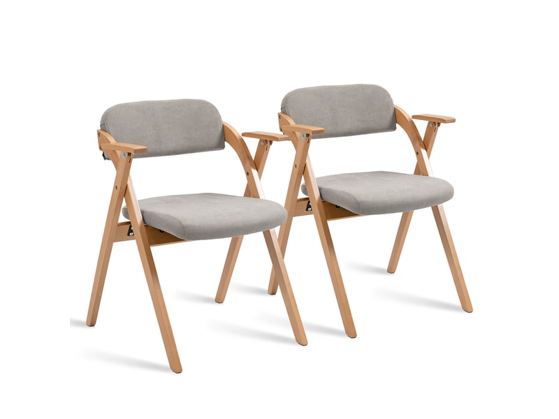  Chaise pliante de salle à manger avec accoudoirs et assise rembourrée, lot de 2, en bois massif gris  - Conforama A