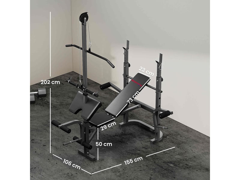  Banc de musculation avec support pour barre réglable, extension des jambes, pupitre à biceps et position papillon pour salle de sport  - Conforama E