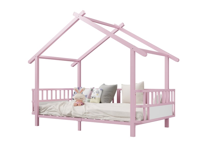  Lit enfant en métal forme maison 90 x 200 cm rose, barrière de sécurité et cadre décoratif  - Conforama A