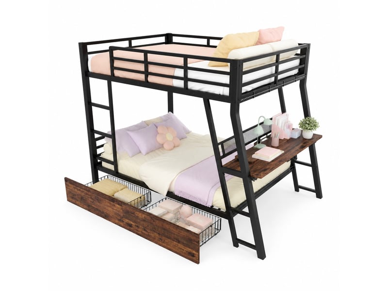  Lit mezzanine double 140×200 cm, bureau, 2 tiroirs, led réglable  - sans matelas, métal et mdf - noir  - Conforama A