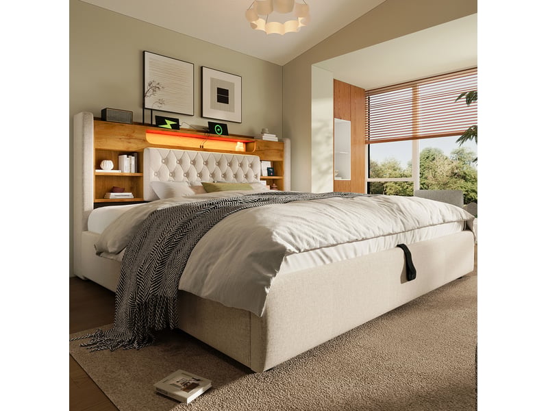  Lit coffre 140x190 cm avec led, ports usb et usb-c, coloris beige  - Conforama D