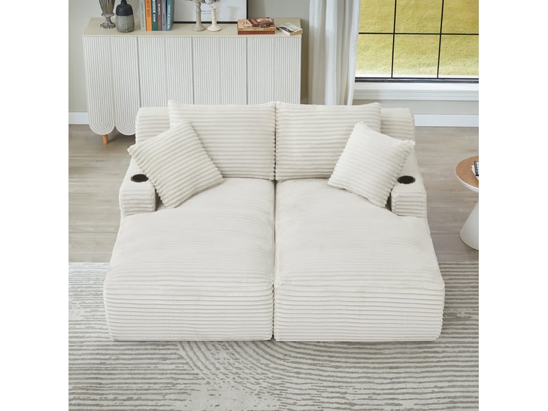 Canapé droit 2 places beige en velours côtelé, double chaise longue, porte-gobelets, sans montage Fay Lum - Conforama B