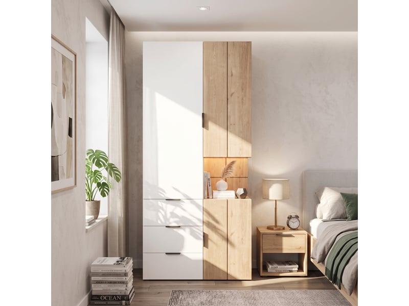  Armoire dressing 90 x 49 x 200 cm, led, tiroir à bijoux, 2 tringles et 4 tiroirs, blanc et bois naturel ABC - Conforama E