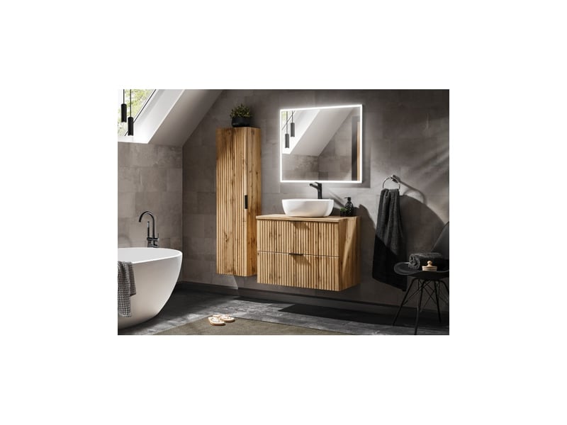  Ensemble de salle de bain noxera 80 cm – chêne wotan – meuble sous vasque avec vasque, miroir led et colonne suspendue  - Conforama B