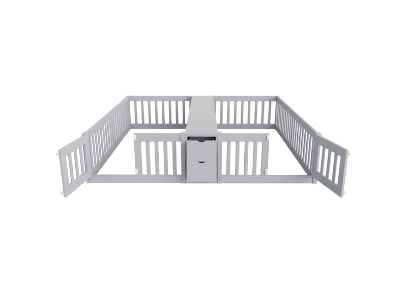  Lit double pour enfants 90x200 cm, lit jumeaux avec tiroir et étagère, cadre de lit au sol avec barrière de sécurité, bois gris.  - Conforama D