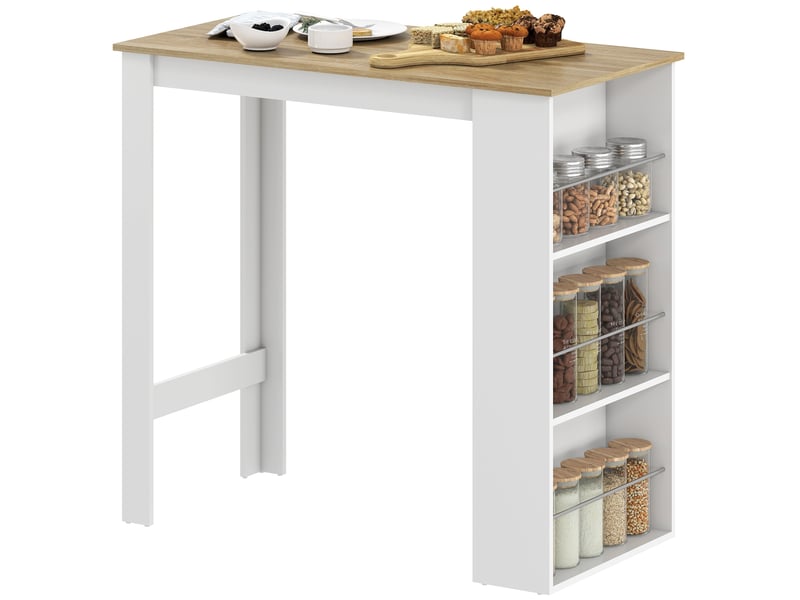  Table de bar table haute de cuisine mange-debout comptoir 112l x 57l x 106h cm - 3 étagères - aspect chêne clair blanc  - Conforama B