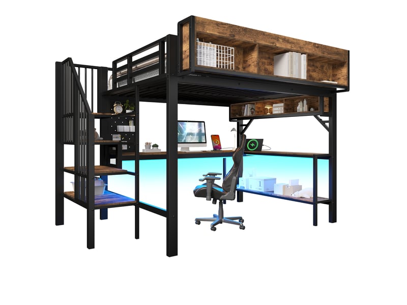  Lit mezzanine 140 × 200 cm, avec bureau, étagères de rangement, panneau perforé, prise de courant et ruban led, adapté aux enfants et adolescents, noir et marron  - Conforama A