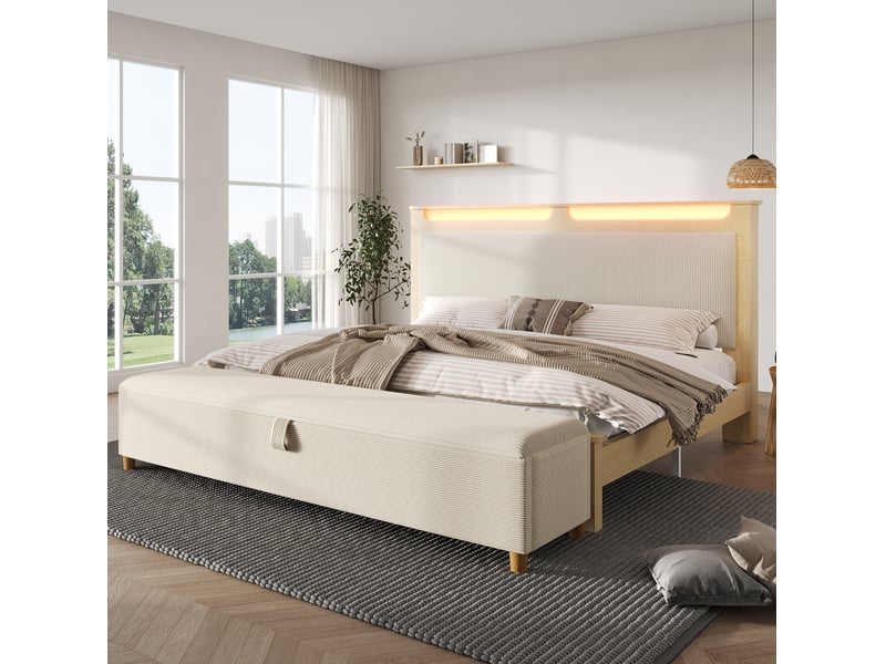 Lit double 160x200 cm, tête de lit en cordon, éclairage led, stockage, avec banc de lit, bois, beige, avec matelas - Conforama D
