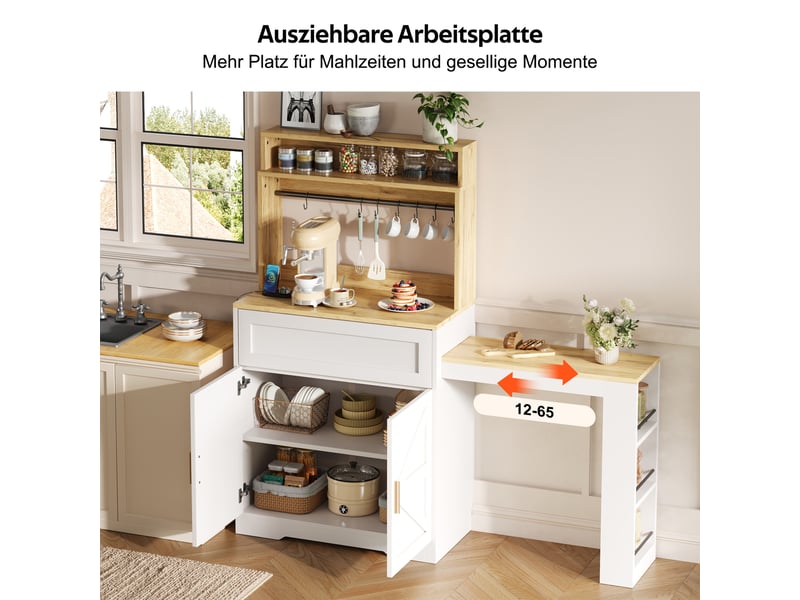  Buffet haut de cuisine 146x40x142 cm avec plan de travail extensible, étagère latérale 3 niveaux, étagères réglables, portes style grange, mdf blanc  - Conforama E