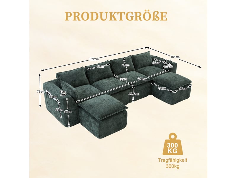  Canapé modulaire 4 places modenvie avec 2 poufs, coussins, porte-gobelets et poches latérales en chenille vert foncé  - Conforama C