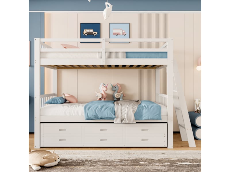  Lit enfant 90x200 cm, lit superposé,lit gigogne en pin avec 3 tiroirs.échelle et garde-corps,blanc lit enfant blanc - Conforama D
