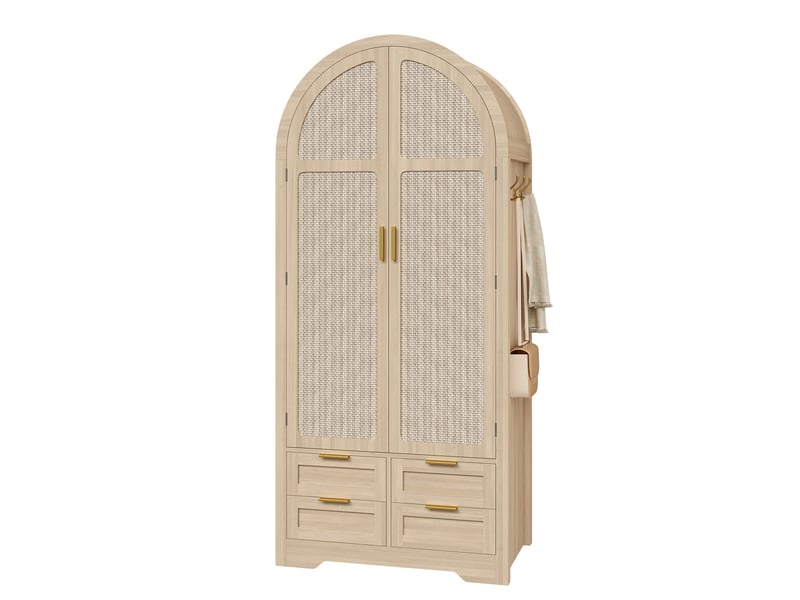 Armoire penderie 80x50x180 cm, portes courbées en rotin, tringle, tiroirs, étagères, grand rangement pour chambre - chêne - Conforama A