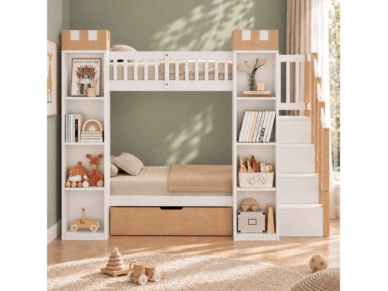  Lit superposé enfant modenvie château 90 x 200 cm avec escalier de rangement, tiroir et barrières blanc et bois naturel  - Conforama E