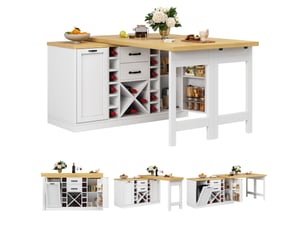 Îlot central de cuisine blanc 120x40x74cm pivotant rangement tiroirs portes casier à vin mdf et métal cuisine rangement pratique