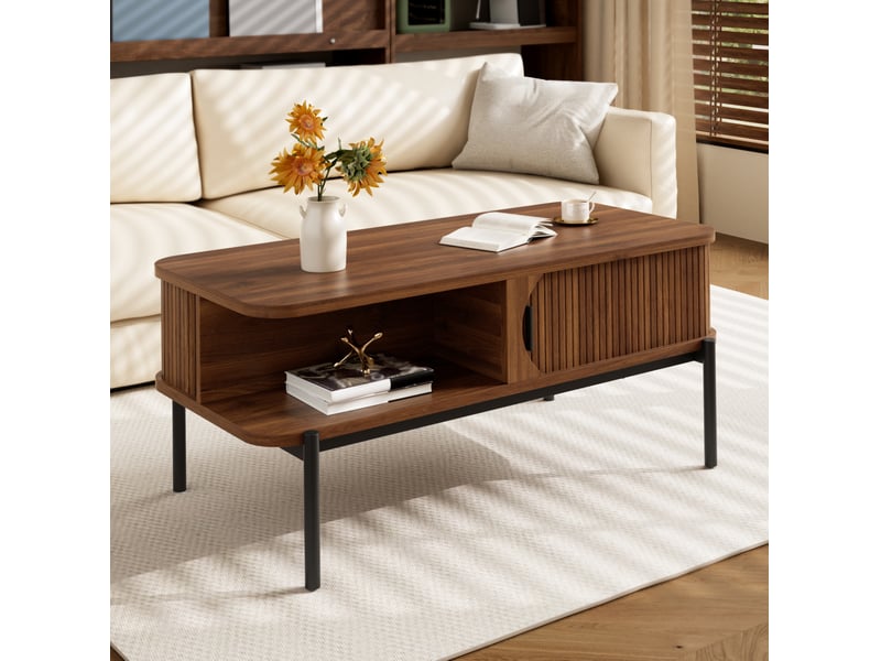  Table basse rectangulaire 100 x 45 x 43 cm – bois foncé – rangement avec portes coulissantes  - Conforama B