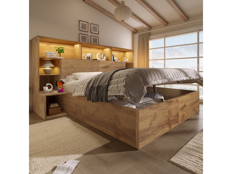 Lit coffre hydraulique 160x200 cm avec matelas inclus et 2 chevets intégrés, lit double avec led, usb-c et tête de lit à étagères, effet chêne - Conforama C