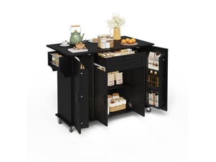 Desserte de cuisine à roulettes avec 4 portes, plateau rabattable et porte-serviettes, noire, 120 × 45(70) × 95 cm