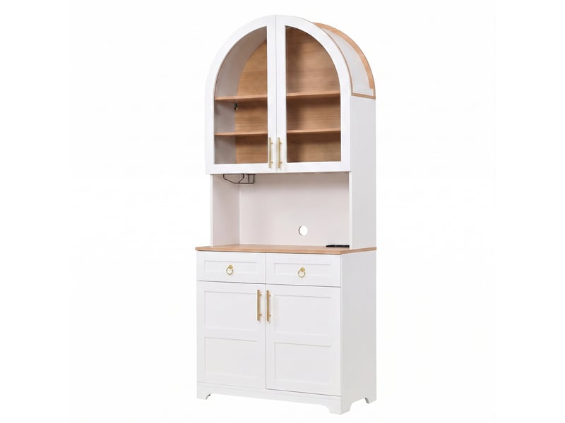 Buffet 80x40x180 cm avec vitrine en verre cintrée, éclairage led, prise intégrée et usb, 2 tiroirs, mdf, blanc - Conforama A