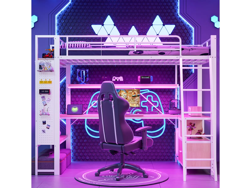  Lit mezzanine 90 x 200 cm, structure métal, led, bureau, étagères, panneau perforé, usb, sans matelas, blanc  - Conforama E