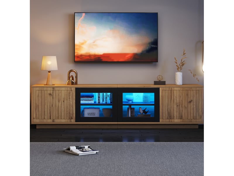  Meuble tv avec 4 portes vitrées, 3 niveaux de rangement et éclairage led pour salon, naturel et noir, 180 × 40 × 45 cm  - Conforama C