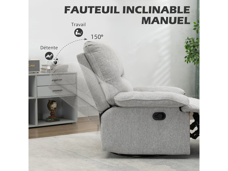  Fauteuil de relaxation inclinable pivotant tissu aspect lin gris clair 89x98x101 cm  - Conforama D