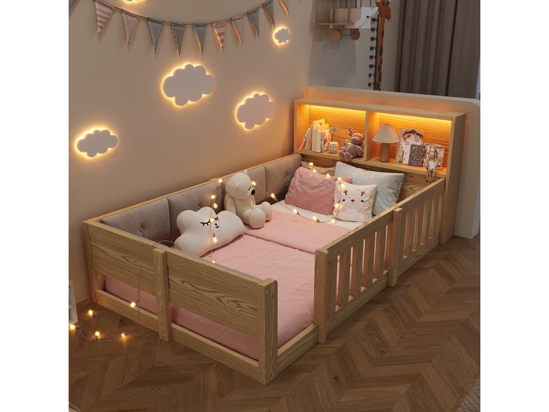  Lit enfant simple 90×200 cm avec barrières, led et rangements - okmyhome- lit bas naturel, sans matelas  - Conforama B