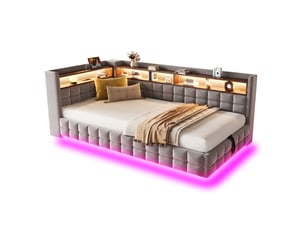 Lit coffre ulevr 90 x 200 cm avec rangement hydraulique, étagères en bois, led, prise électrique, usb et type-c, velours gris clair