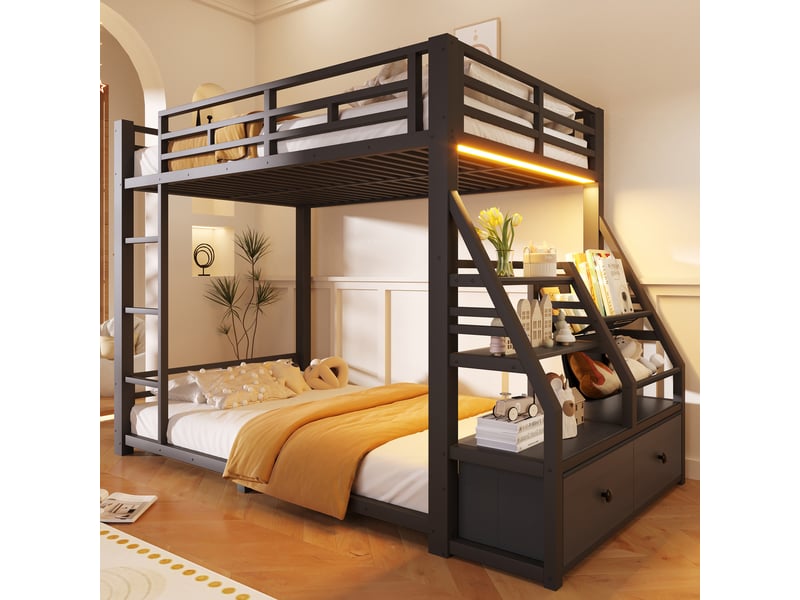  Lit superposé 90x200 cm – lit enfant métal avec led 2 tiroirs tissu et 2 étagères – métal – noir CozyNest - Conforama B