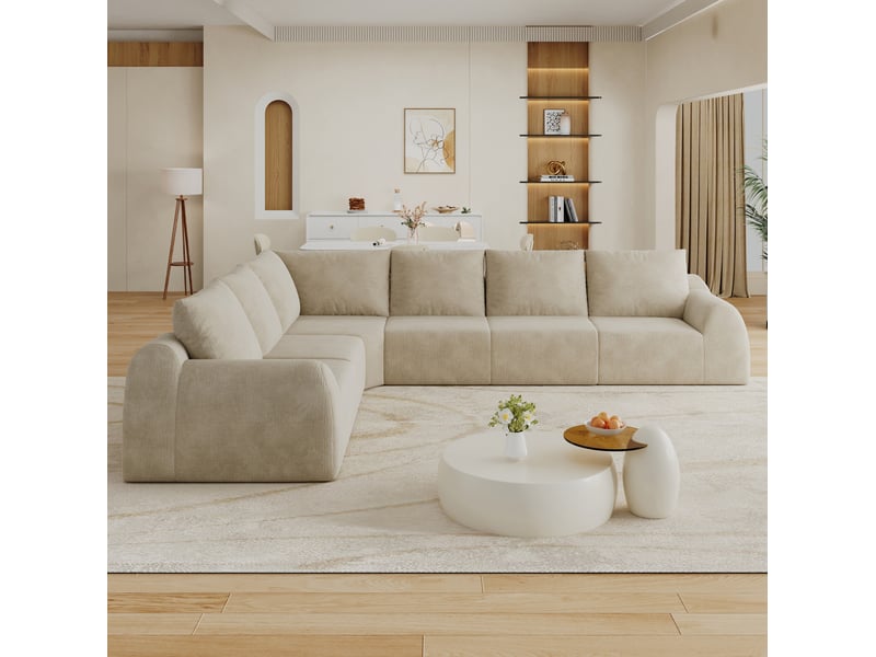 Canapé d'angle en chenille 6 places avec mousse haute élasticité et structure compressée, kaki - Conforama C