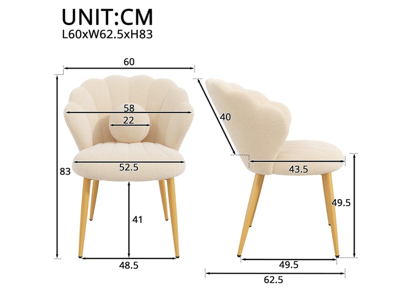  Chaises de salle à manger lot de 4, dossier coquillage et coussin rond, pieds en métal doré, tissu bouclette beige  - Conforama C