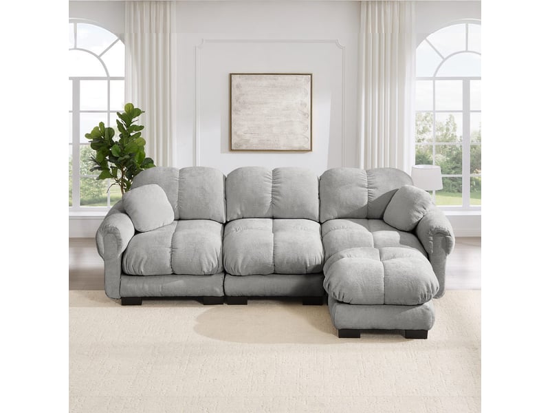  Canapé d'angle l 3 places en tissu chenille gris clair avec ottomane mobile et 2 coussins décoratifs SF20260031032 - Conforama B