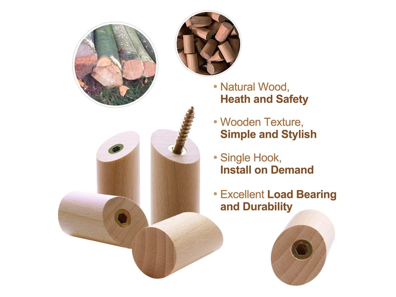 Lot de 6 crochets muraux en bois pour suspendre des manteaux, crochet porte manteau mural bois (3 x 6 cm) pour vêtements écharpes, marron  - Conforama E
