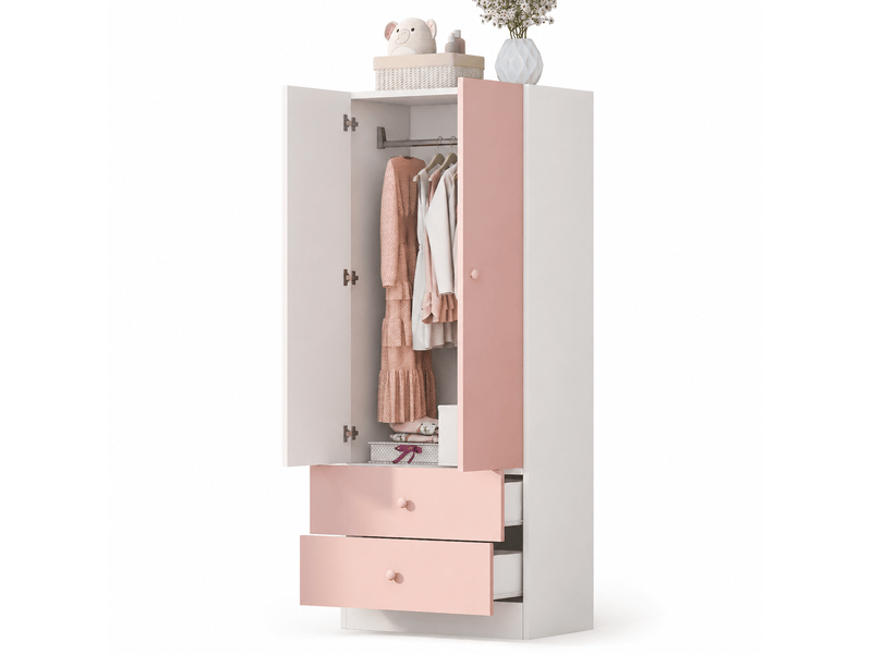  Armoire 70x40x170 cm, 2 portes avec 2 tiroirs et tringle, design à compartiments carrés, couleur bois rose et blanc  - Conforama A