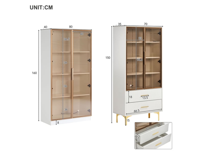  Ensemble de 2 vitrines led blanches, 80 x 40 x 160 cm + 70 x 35 x 150 cm, portes vitrées et tablettes réglables Fay Lum - Conforama C