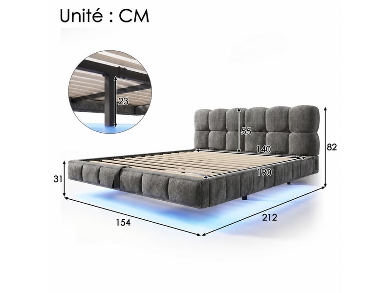 Lit double coffre hydraulique en chenille gris avec led et usb, 140 x 190 cm - Conforama C