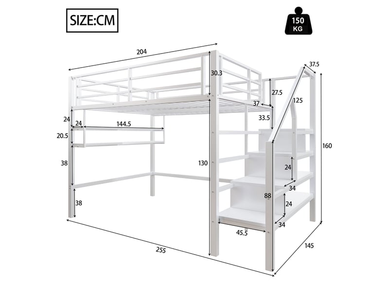  Lit mezzanine 140x200cm, sommier, barrière, lit 2 places, escalier intégré, étagères de rangement, métal+mdf, blanc, sans matelas  - Conforama C