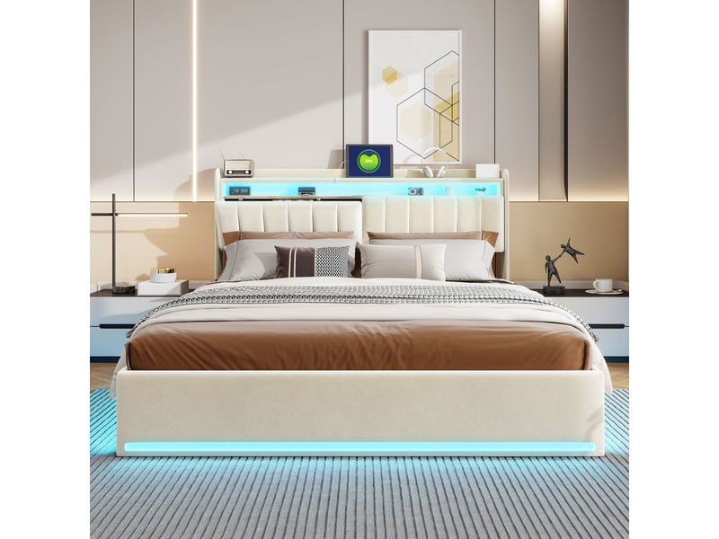  Lit rembourré 140 x 190 cm avec rangement, lit double avec éclairage led et port usb, lit hydraulique avec tête de lit et sommier à lattes, lit pour adolescent, velours, beige 251110WXL0102#ADrL6HW32YDELLM - Conforama C