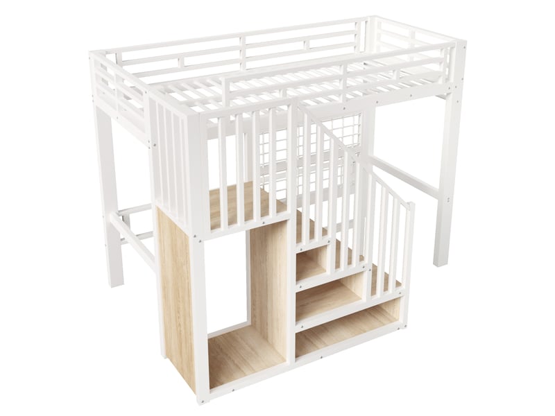  Lit mezzanine, 90 x 200 cm, lit en fer, escalier de rangement, rambarde, barre de penderie, éclairage led, sans matelas, blanc  - Conforama D