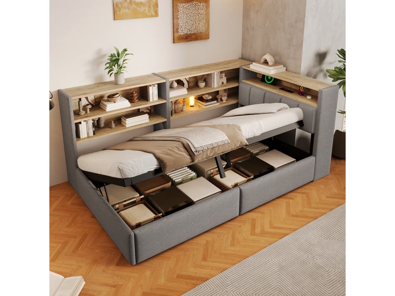  Canapé-lit 90 x 200 cm, suspension hydraulique, prise électrique, caisson latéral réversible (à gauche ou à droite) avec port usb et éclairage led, sans matelas, velours gris.  - Conforama B