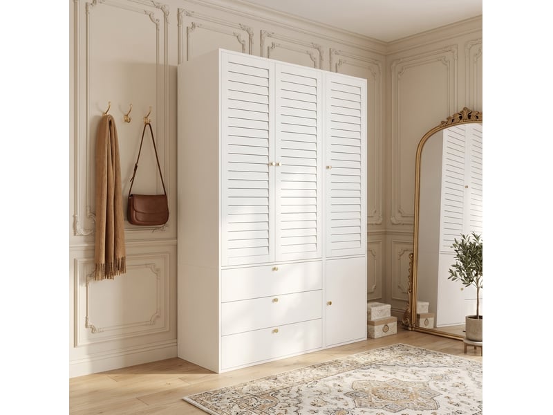  Armoire 135x50x200 cm à 3 portes à lamelles, 2 tringles, 3 tiroirs, panneau de particules blanc, chambre et dressing  - Conforama E