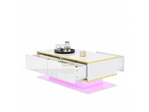 Table basse blanche et dorée brillante avec tiroirs et éclairage led, 100 cm