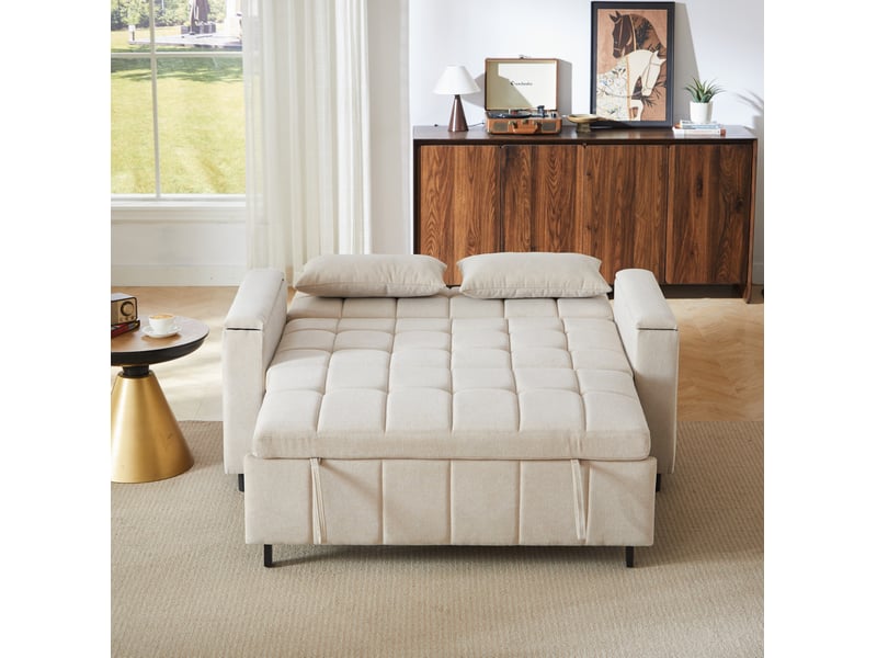 3-in-1 chenille 2-seater sofa bed with storage in the armrests, pull-out guest bed with side pockets, sturdy metal frame, multifunctional sofa for living room and guest room - Conforama D