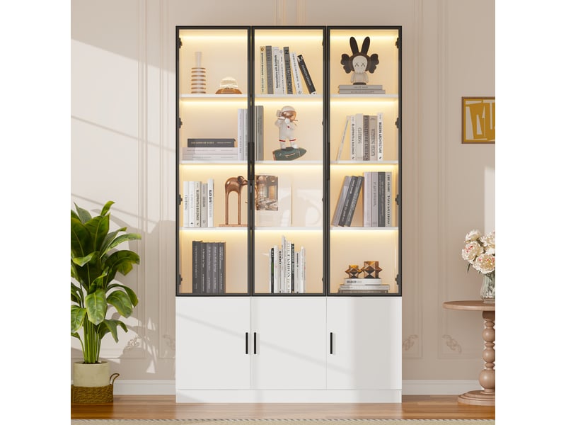  Vitrine haute 120x32x200 cm en mdf, 6 portes vitrées, led via app, étagères et anti-basculement - blanc  - Conforama B