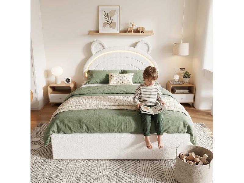  Lit enfant 140x200 cm en velours beige, tête de lit ours, 4 tiroirs, led pilotée par appli, sans matelas  - Conforama E