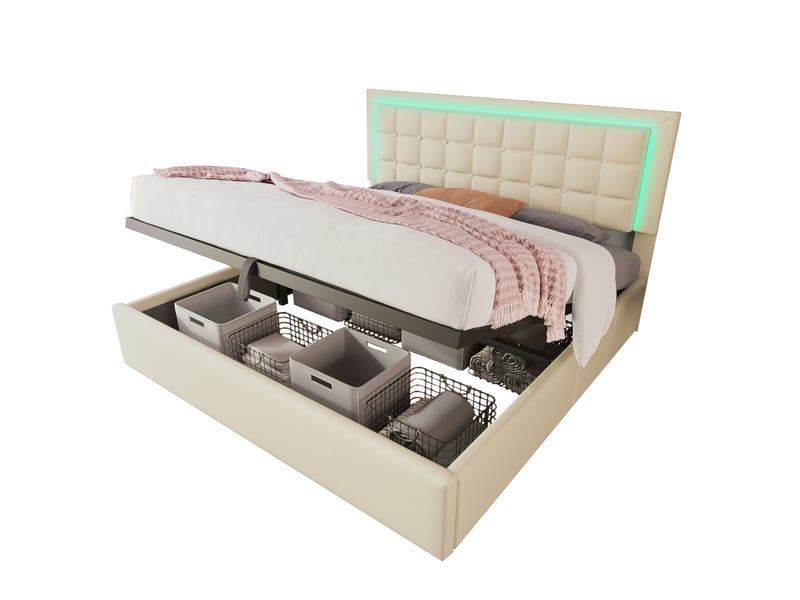 Lit double avec rangement hydraulique et led blanc 160 x 200 cm avec matelas - Conforama A